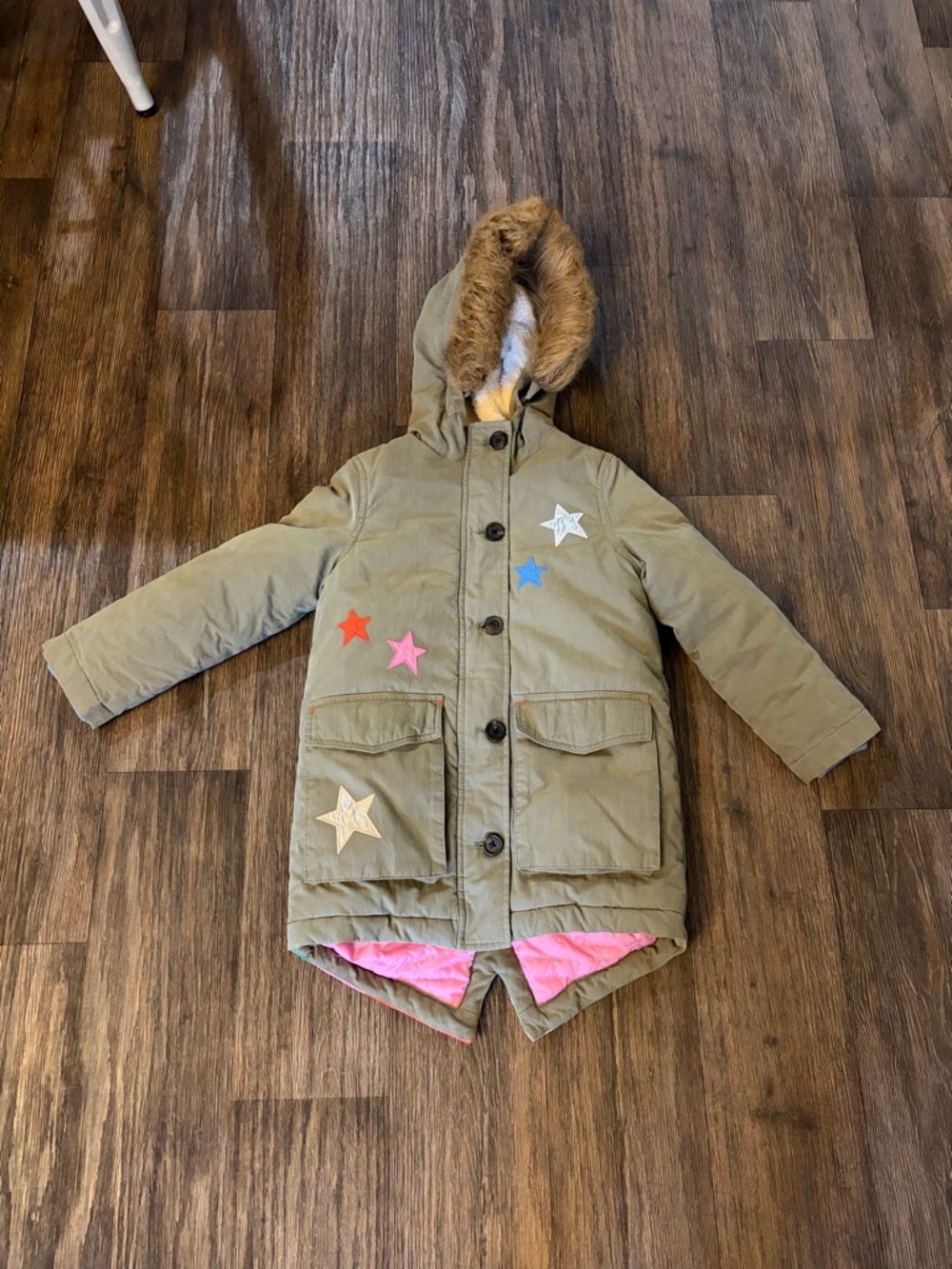 Mini Boden Kids' Cozy Rainbow Star Parka in Army Green Size 6-7